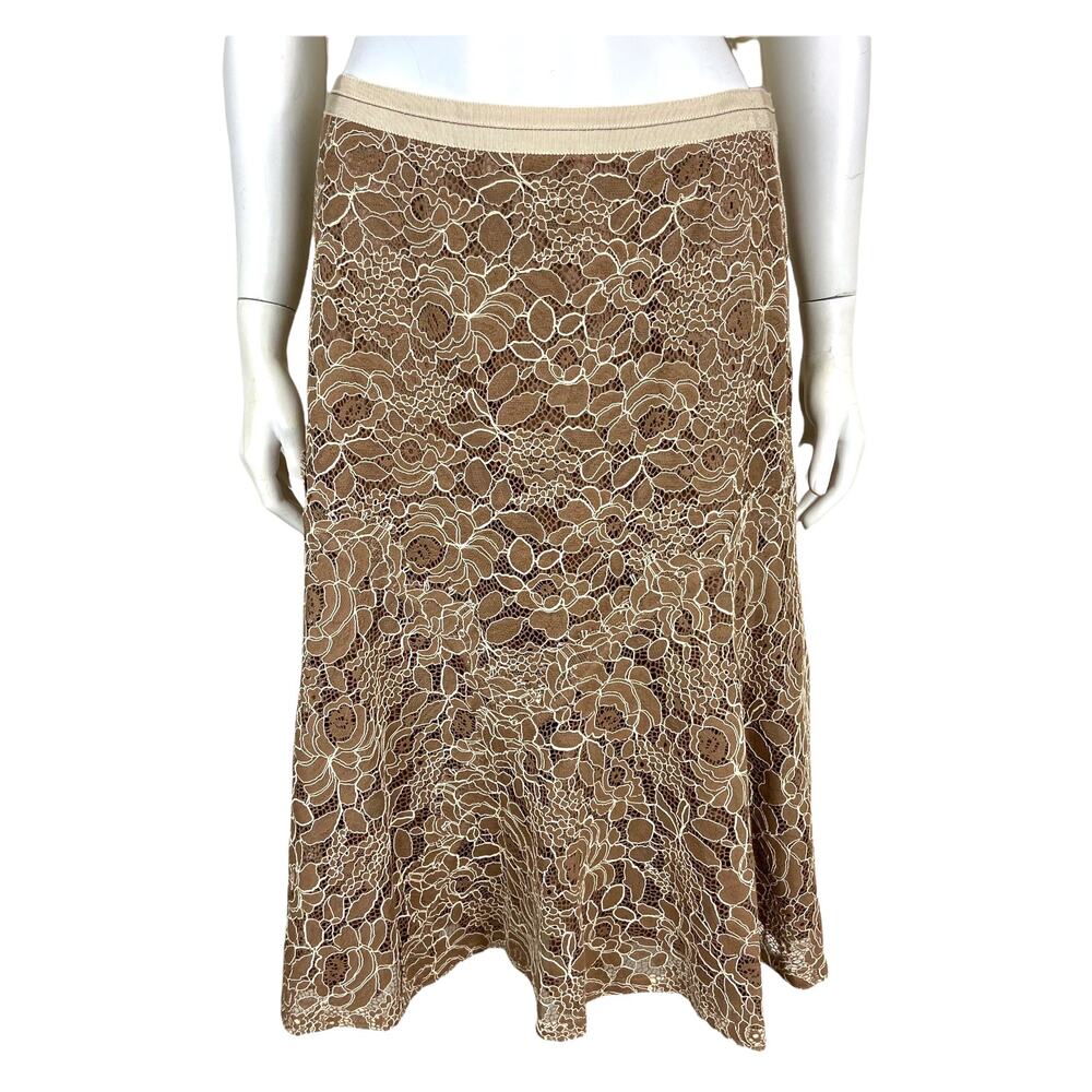 Lida Baday Lace Midi Skirt Size 6 Beige Tan Floral A Line‎ Flared